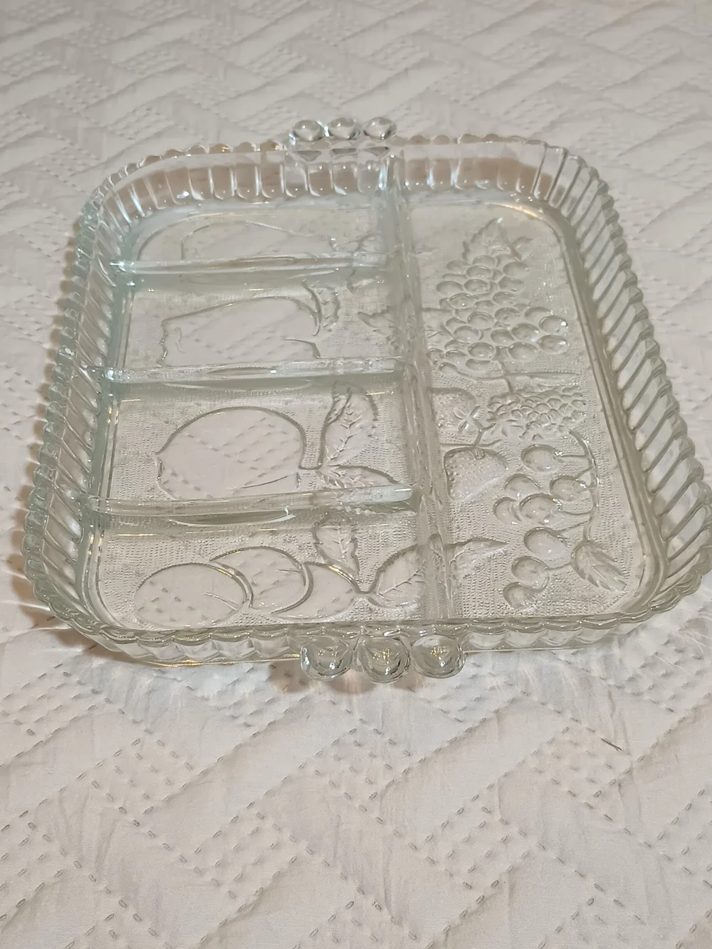 Indiana Glass Clear Glass Divided Relish Dish with Fruit Motif